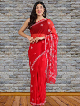 Seva Chikan - Red Lucknowi Chikankari Saree with Unstitched Blouse with Unstitched