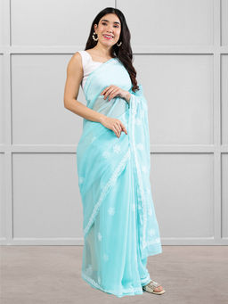 Seva Chikan - Sea Green Lucknowi Chikankari Saree with Unstitched Blouse with Unstitched