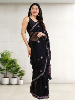 Seva Chikan - Black/Pink Lucknowi Chikankari Saree with Unstitched Blouse with Unstitched