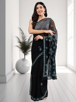 Seva Chikan - Black/Blue Lucknowi Chikankari Saree with Unstitched Blouse with Unstitched