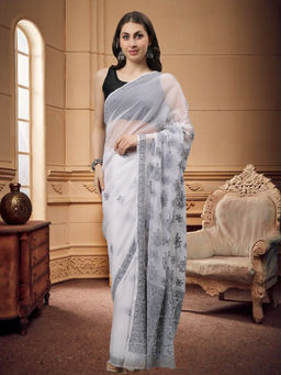 Seva Chikan - White/Black Lucknowi Chikankari Saree with Unstitched Blouse with Unstitched