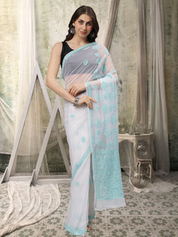 Seva Chikan - White/Blue Lucknowi Chikankari Saree with Unstitched Blouse with Unstitched