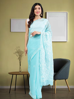 Seva Chikan - Sea Blue Lucknowi Chikankari Saree with Unstitched Blouse with Unstitched