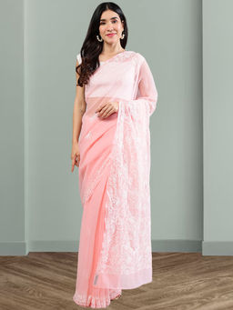 Seva Chikan - Peach Lucknowi Chikankari Saree with Unstitched Blouse with Unstitched