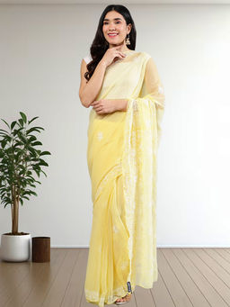 Seva Chikan - Yellow Lucknowi Chikankari Saree with Unstitched Blouse with Unstitched