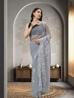 Seva Chikan - Grey Lucknowi Chikankari Saree with Unstitched Blouse with Unstitched