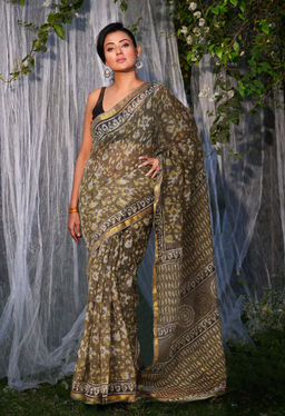 Unnati Silks - Pure Discharge Bagru Kota Printed Saree UNM81794 with Unstitched