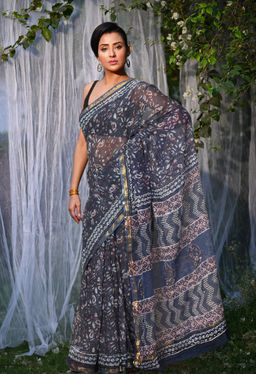 Unnati Silks - Pure Discharge Bagru Kota Printed Saree UNM81800 with Unstitched