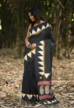 Unnati Silks - Black Pure Bagru Block Soft Silk Printed Saree UNM81827 with Unstitched