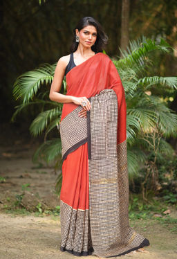 Unnati Silks - Red Pure Bagru Block Soft Silk Printed Saree UNM81828 with Unstitched