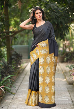 Unnati Silks - Black-Yellow Pure Bagru Soft Silk Printed Saree UNM81831 with Unstitched