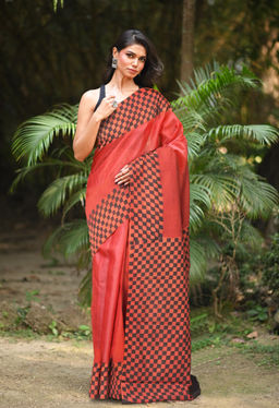 Unnati Silks - Red Pure Bagru Block Soft Silk Printed Saree UNM81832 with Unstitched