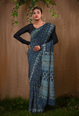 Unnati Silks - Blue Pure Ajrakh Soft Silk Printed Saree UNM81864 with Unstitched