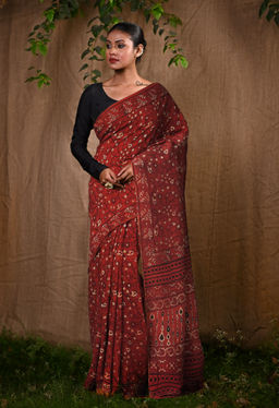 Unnati Silks - Red Pure Ajrakh Soft Silk Printed Saree UNM81865 with Unstitched