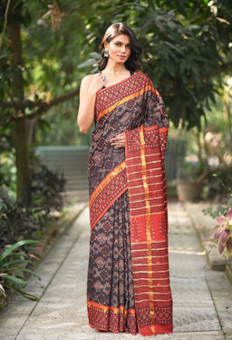 Unnati Silks - Black-Red Pure Ajrakh Soft Silk Printed Saree UNM81872 with Unstitched
