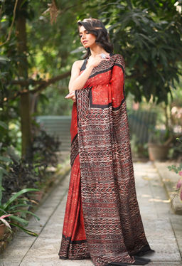 Unnati Silks - Red-Black Pure Ajrakh Soft Silk Printed Saree UNM81873 with Unstitched