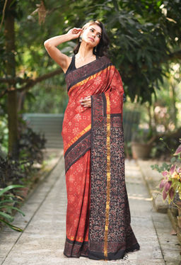 Unnati Silks - Red-Black Pure Ajrakh Soft Silk Printed Saree UNM81875 with Unstitched