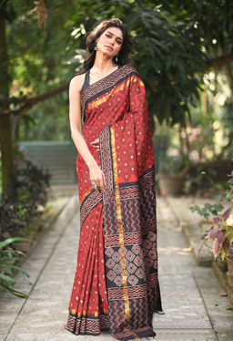Unnati Silks - Red-Black Pure Ajrakh Soft Silk Printed Saree UNM81878 with Unstitched