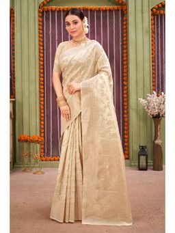 Sangam Prints - Off White Linen Woven Zari Work Traditional Saree with Unstitched Blouse