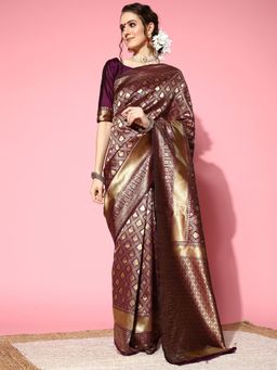 Akhilam - Womens Silk Blend Wine Woven Design Designer Saree with Unstitched Blouse