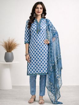 Gahan - Blue Geometric Printed Straight Polyester Kurta with Pant & Dupatta