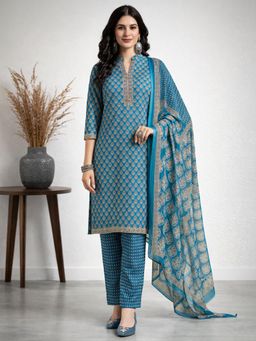 Gahan - Blue Printed Straight Polyester Kurta with Pant & Dupatta