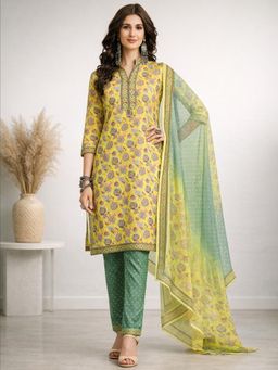 Gahan - Yellow Floral Printed Straight Polyester Kurta with Pant & Dupatta