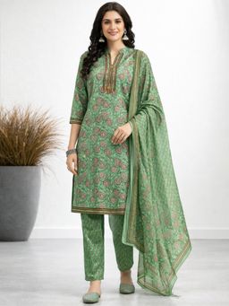 Gahan - Green Floral Printed Straight Polyester Kurta with Pant & Dupatta