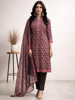 Gahan - Pink Floral Printed Straight Polyester Kurta with Pant & Dupatta
