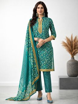 Gahan - Turquoise Blue Floral Printed Straight Polyester Kurta with Pant & Dupatta