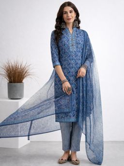 Gahan - Blue Paisley Printed Straight Polyester Kurta with Pant & Dupatta