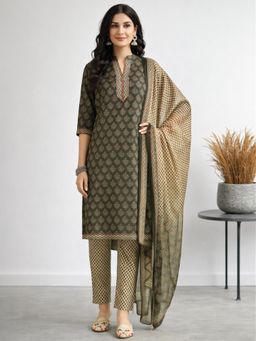 Gahan - Olive Green hand block inspired Printed Straight Polyester Kurta with Pant & Dupatta