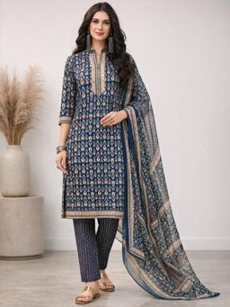 Gahan - Blue Ikat inspired Printed Straight Polyester Kurta with Pant & Dupatta
