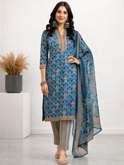 Gahan - Teal Blue Floral Printed Straight Polyester Kurta with Pant & Dupatta