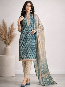 Gahan - Blue Floral Printed Straight Polyester Kurta with Pant & Dupatta