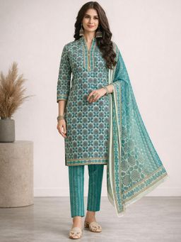 Gahan - Turquoise Printed Straight Polyester Kurta with Pant & Dupatta