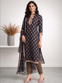Gahan - Navy Blue Floral Printed Straight Polyester Kurta with Pant & Dupatta