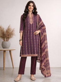 Gahan - Wine Floral Printed Straight Polyester Kurta with Pant & Dupatta
