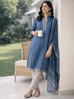 Gahan - Blue Printed Straight Polyester Kurta with Pant & Dupatta