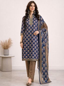 Gahan - Blue Floral Printed Straight Polyester Kurta with Pant & Dupatta