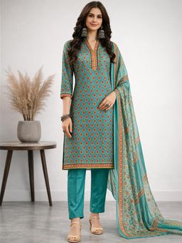Gahan - Turquoise Blue Printed Straight Polyester Kurta with Pant & Dupatta
