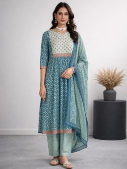Gahan - Blue Printed Straight Kurta Set with Dupatta for Women