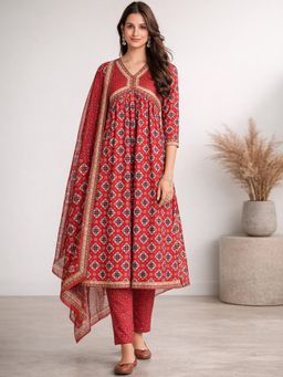Gahan - Red Printed Anarkali Kurta and Pant with Dupatta for Women
