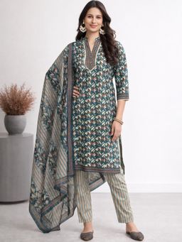 Gahan - Teal Floral Printed Straight Kurta Set with Dupatta for Women