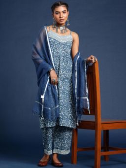 Gahan - Ethnic Motifs Indigo Printed Empire Gotta Patti Kurta and Palazzo with Dupatta