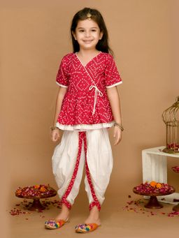 SAKA DESIGNS - Magenta And White Bandhani Cotton Printed Dhoti Peplum For Girls