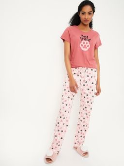max - Women Printed Round Neck T-shirt With Elasticated Pyjama