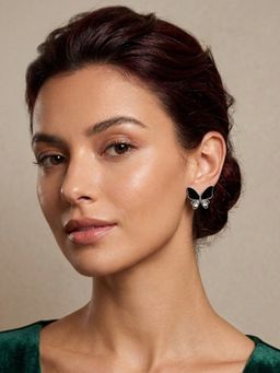 Accessher - Silver-Tone Blue Butterfly Crystal Stud Earrings