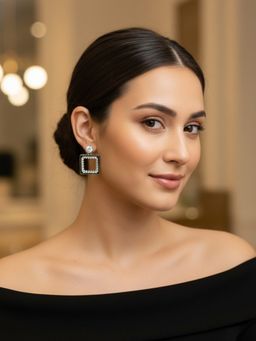 Accessher - Silver Ad Square Black Enamel Dangle Drop Earrings