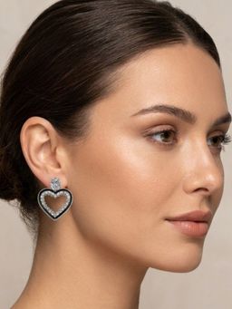 Accessher - Silver Ad Heart Black Enamel Korean Style Drop Earrings